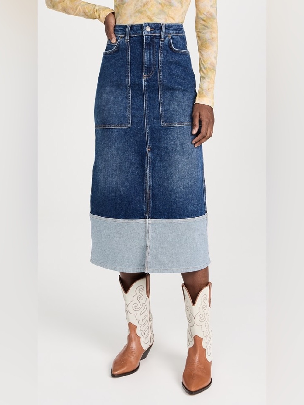 ba&sh Vicky two-tone denim midi skirt size US 2 NWT